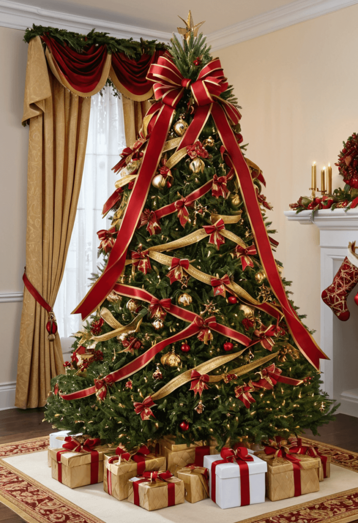 A beautifully decorated Christmas tree adorned with classic ribbon bows in rich red and gold, elegantly draped among the branches, showcasing a luxurious holiday look.