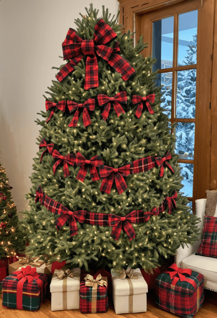 A cozy Christmas tree decorated with seasonal fabric bows made of fleece and plaid, reflecting the warmth and charm of the holiday season.