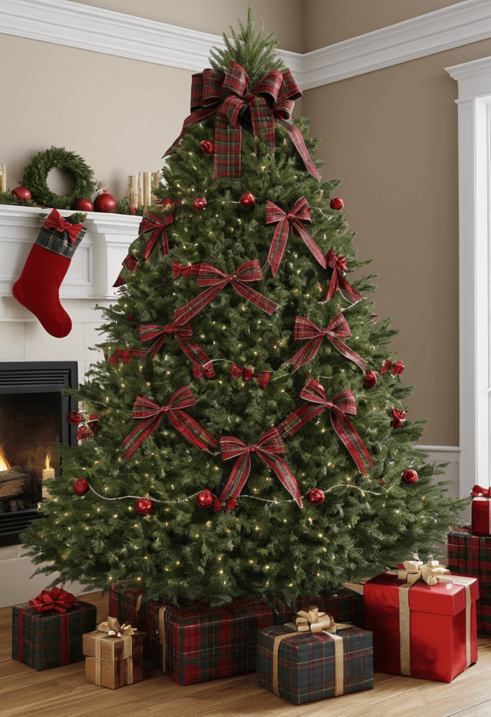 A beautifully decorated Christmas tree featuring tartan and plaid bows in traditional holiday colors, creating a classic and timeless atmosphere.