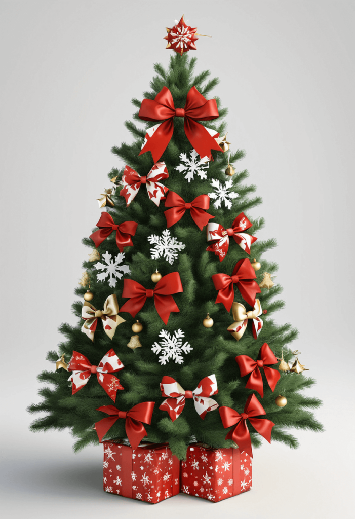 A festive Christmas tree adorned with seasonal themed bows reflecting holiday symbols like snowflakes or stars, adding a playful and jolly touch to the decor.