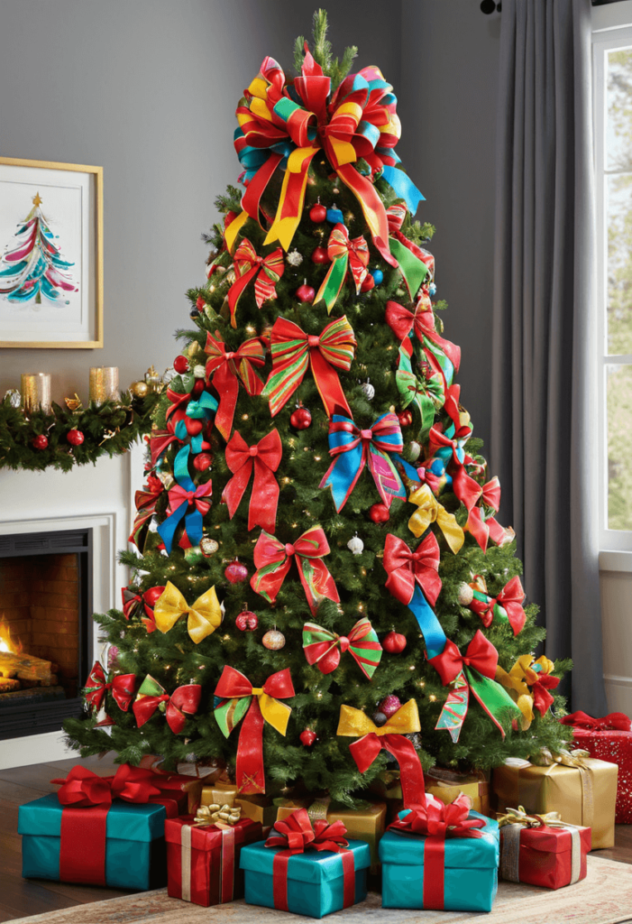 A vibrant Christmas tree decorated with bright colorful bows in a mix of hues, creating a fun and cheerful atmosphere for the holiday season