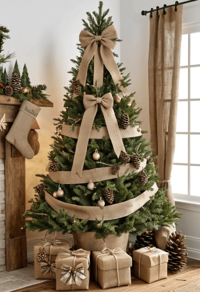 A rustic-themed Christmas tree featuring charming burlap bows, decorated with natural elements like pine cones and twine, adding an earthy touch to the decor.