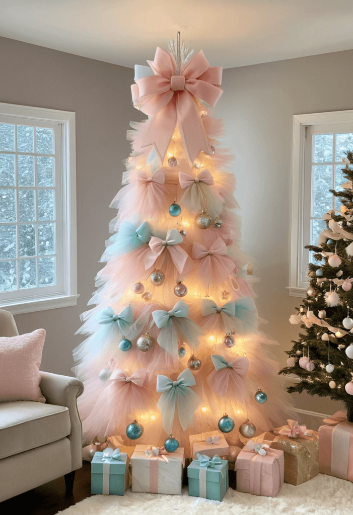 A light and airy Christmas tree decorated with whimsical tulle bows in pastel colors, creating a dreamy holiday vibe among sparkling ornaments and lights.