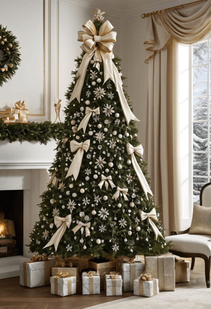 A sophisticated Christmas tree embellished with fashion-inspired bows made of silk, adorned with sparkling embellishments, presenting elegant and chic holiday decor.