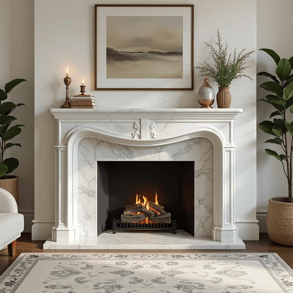 A cozy living room with a marble fireplace featuring elegant decor around it, creating an inviting atmosphere for relaxation and social gatherings.