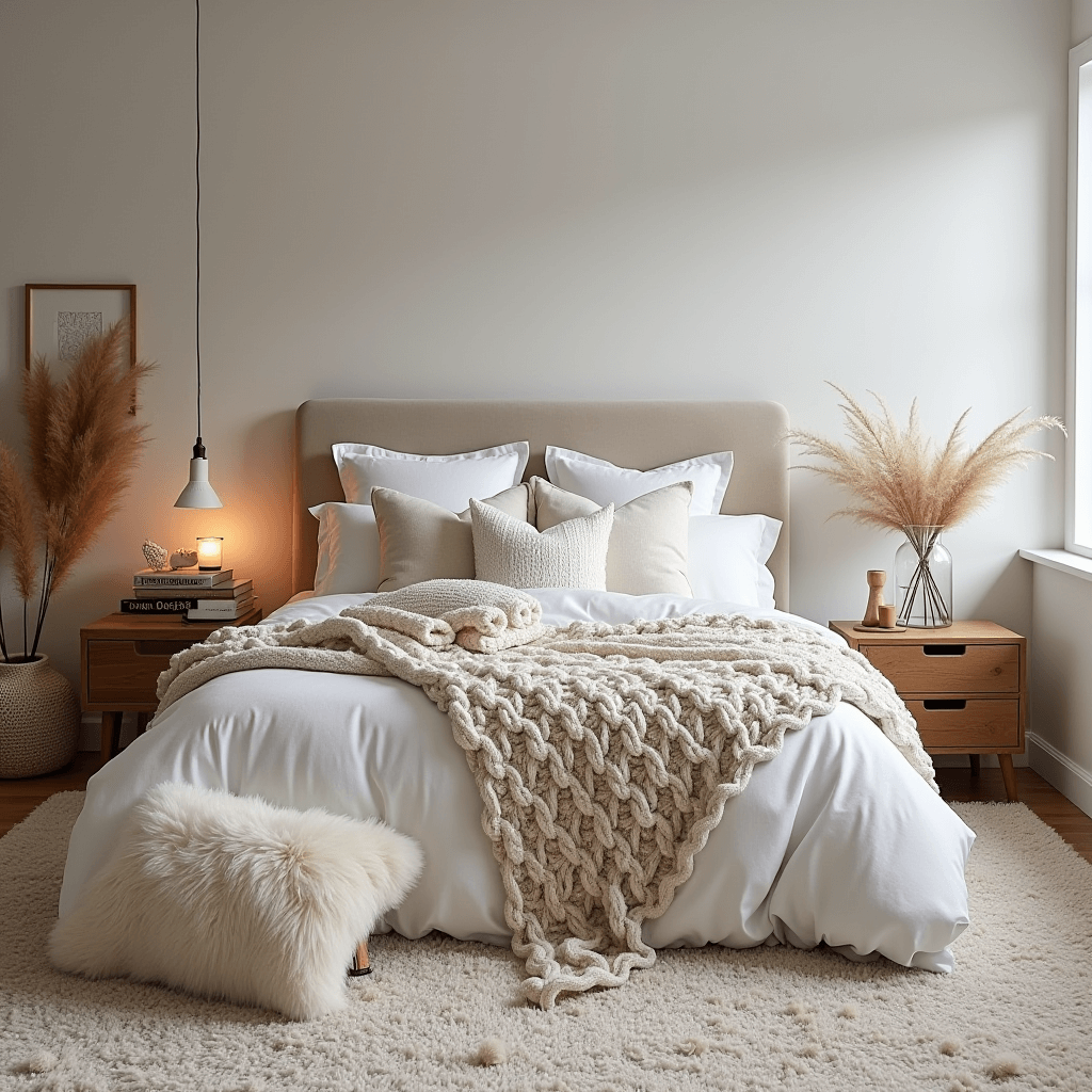 A winter bedroom adorned with warm accessories such as a chunky knit blanket, plush rug, and fluffy cushions, enhancing the overall comfort and coziness of the space.