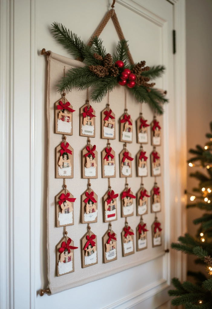 A decorative advent calendar beautifully displayed on a wall, featuring charming surprises for each day leading up to Christmas, adding holiday joy.