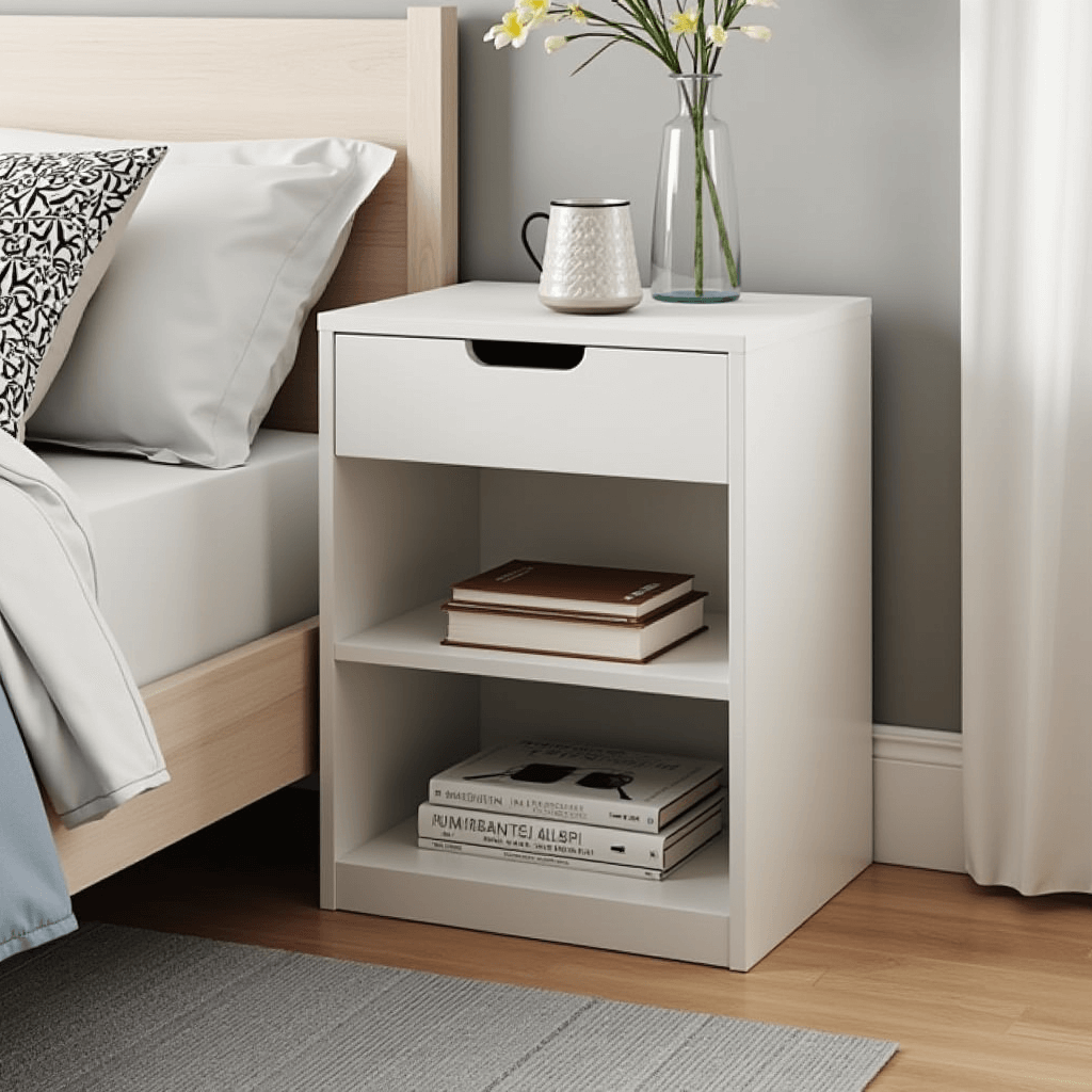 A compact bedroom featuring a stylish nightstand with built-in drawers and shelves, providing convenient bedside storage for books and electronic devices.