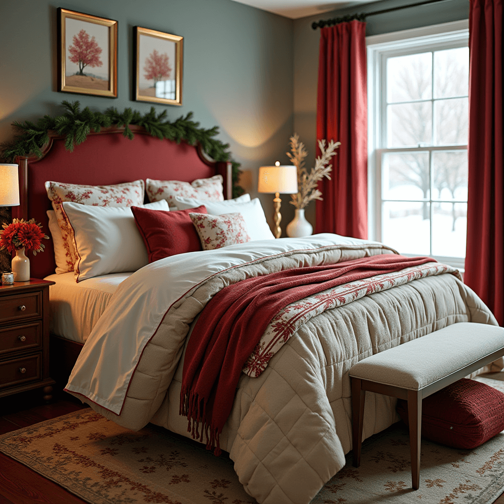 A beautifully styled winter bedroom showcasing cozy bedding, featuring flannel sheets, a heavy comforter, and luxurious textures highlighted in rich colors and festive prints.