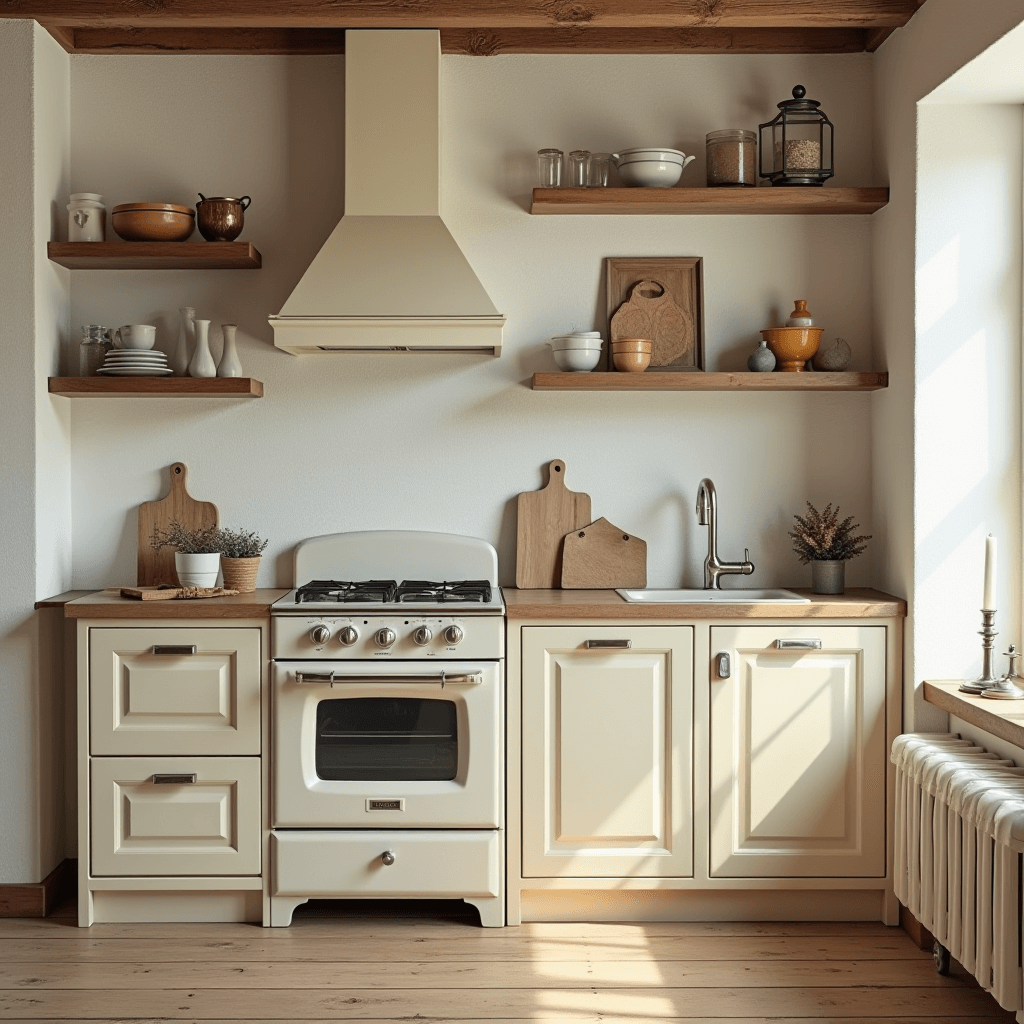 A rustic kitchen equipped with classic appliances in soft pastel colors or cream finishes, seamlessly blending modern functionality with vintage style.