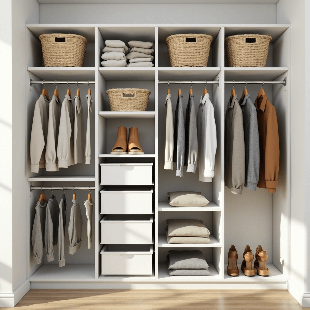 An organized closet displaying custom shelving, bins, and hooks for efficient clothing and accessory storage, illustrating effective closet organization in a small bedroom.