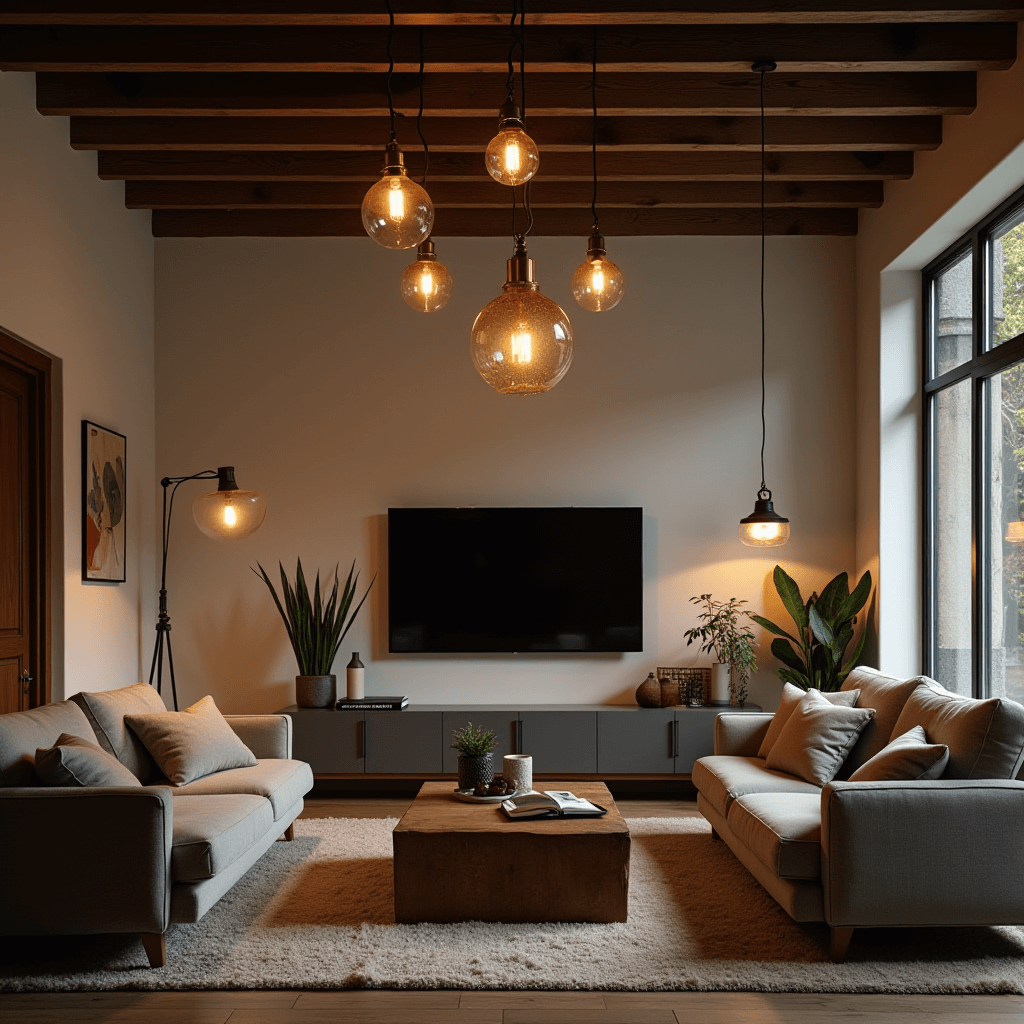 A stylish living room featuring contemporary lighting fixtures, including pendant lights and industrial-style lamps, casting a warm glow over the modern rustic space.