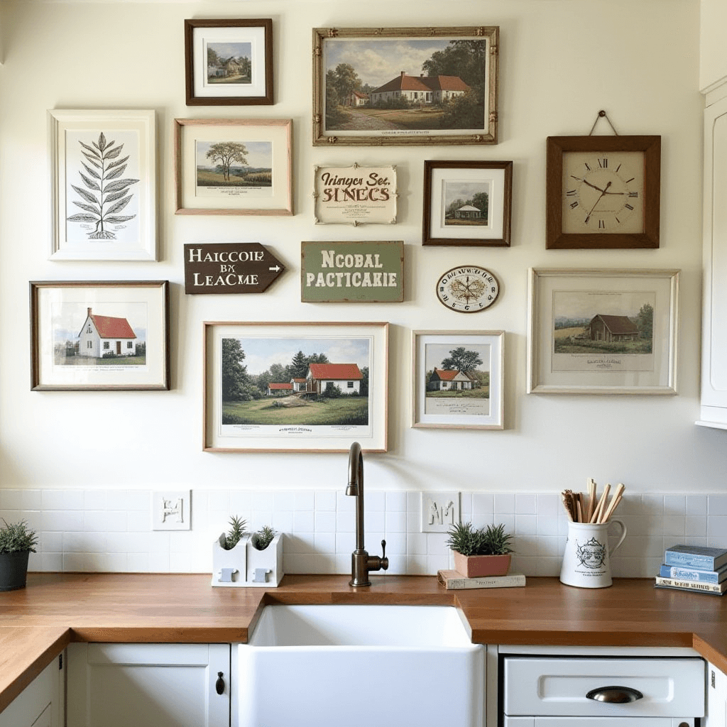 A gallery wall in a country kitchen adorned with framed countryside prints, vintage signs, and handmade crafts, adding character and warmth to the space.