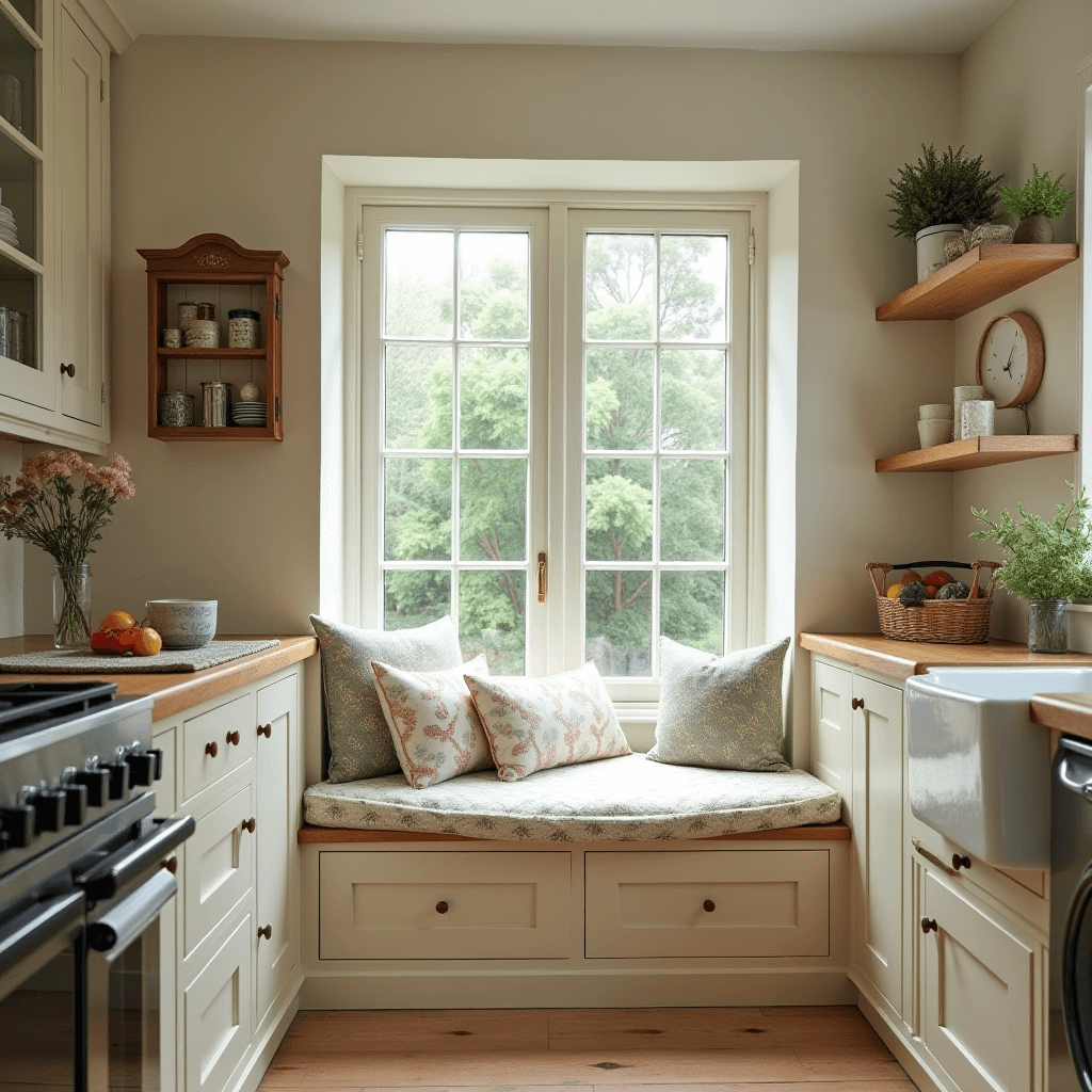 A serene nook within a country kitchen, furnished with comfortable seating, cushions, and a small bookshelf, bathed in natural light from a nearby window.