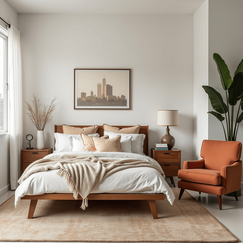 A striking boho mid-century modern bedroom featuring statement furniture pieces such as a unique bed frame, bold accent chairs, and carefully curated stylish decor elements.