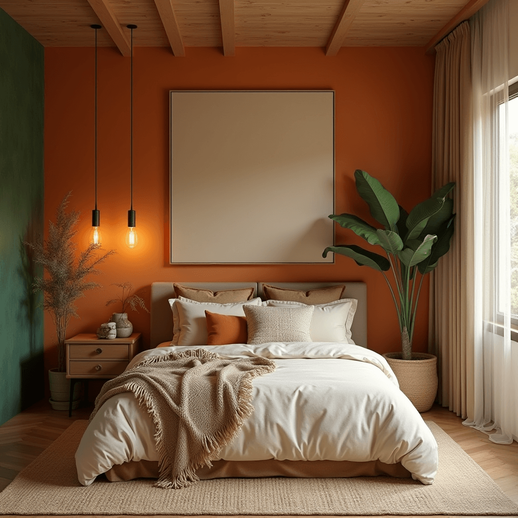 A boho mid-century modern bedroom showcasing an earthy color palette with rich tans, deep greens, and warm oranges, featuring natural elements and textiles for a cozy atmosphere.