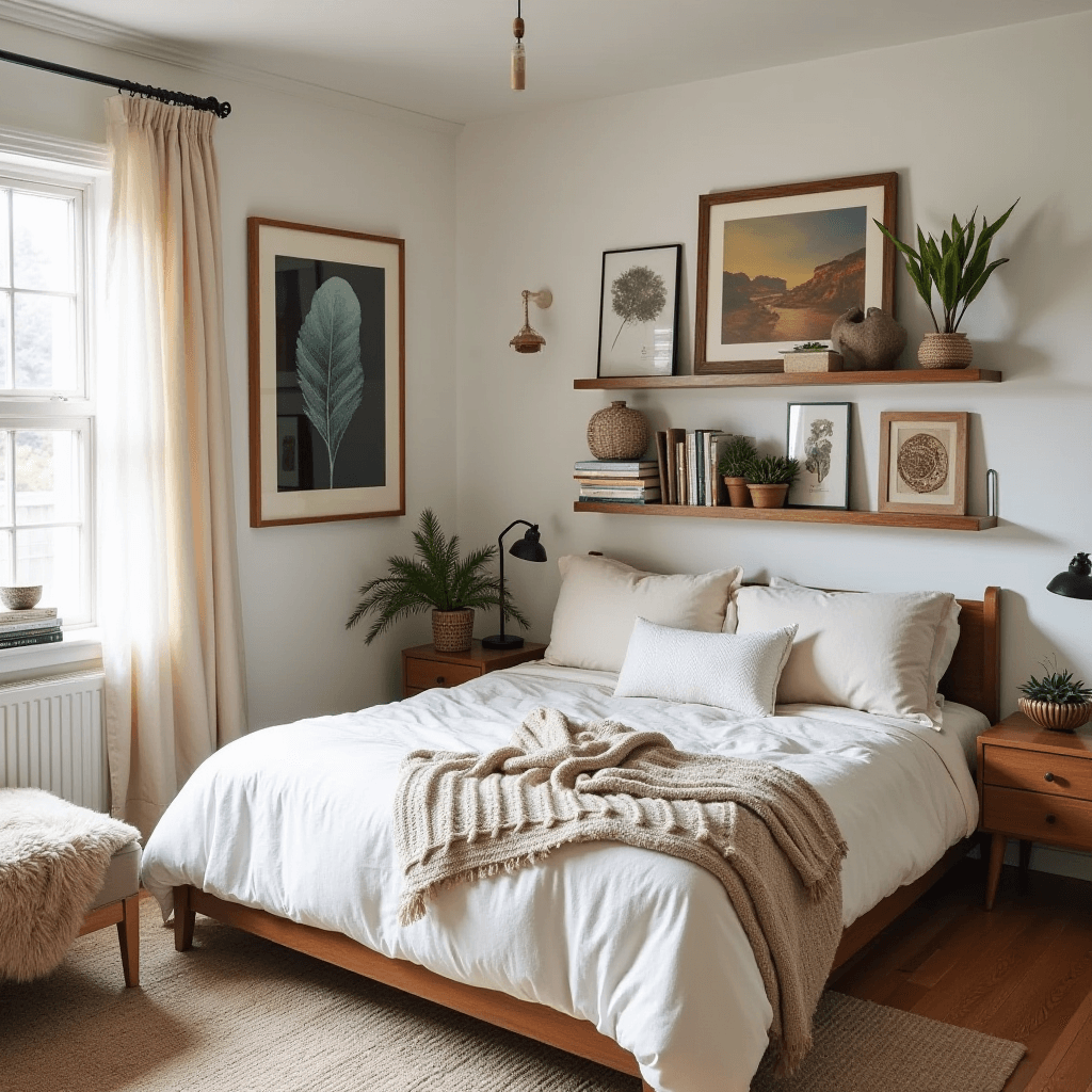 A boho mid-century modern bedroom highlighting personal touches, including cherished travel souvenirs, favorite books, and family heirlooms displayed creatively throughout the space.