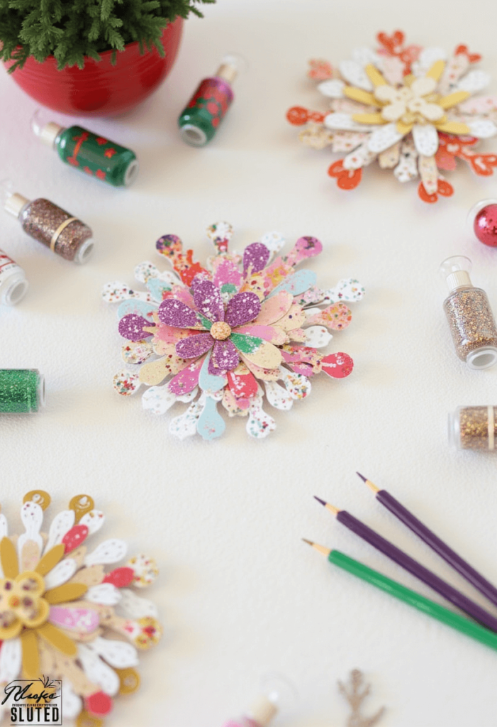 A creative workspace filled with DIY ornament-making supplies, including colorful materials like glitter and paper, inspiring viewers to craft their holiday decorations.