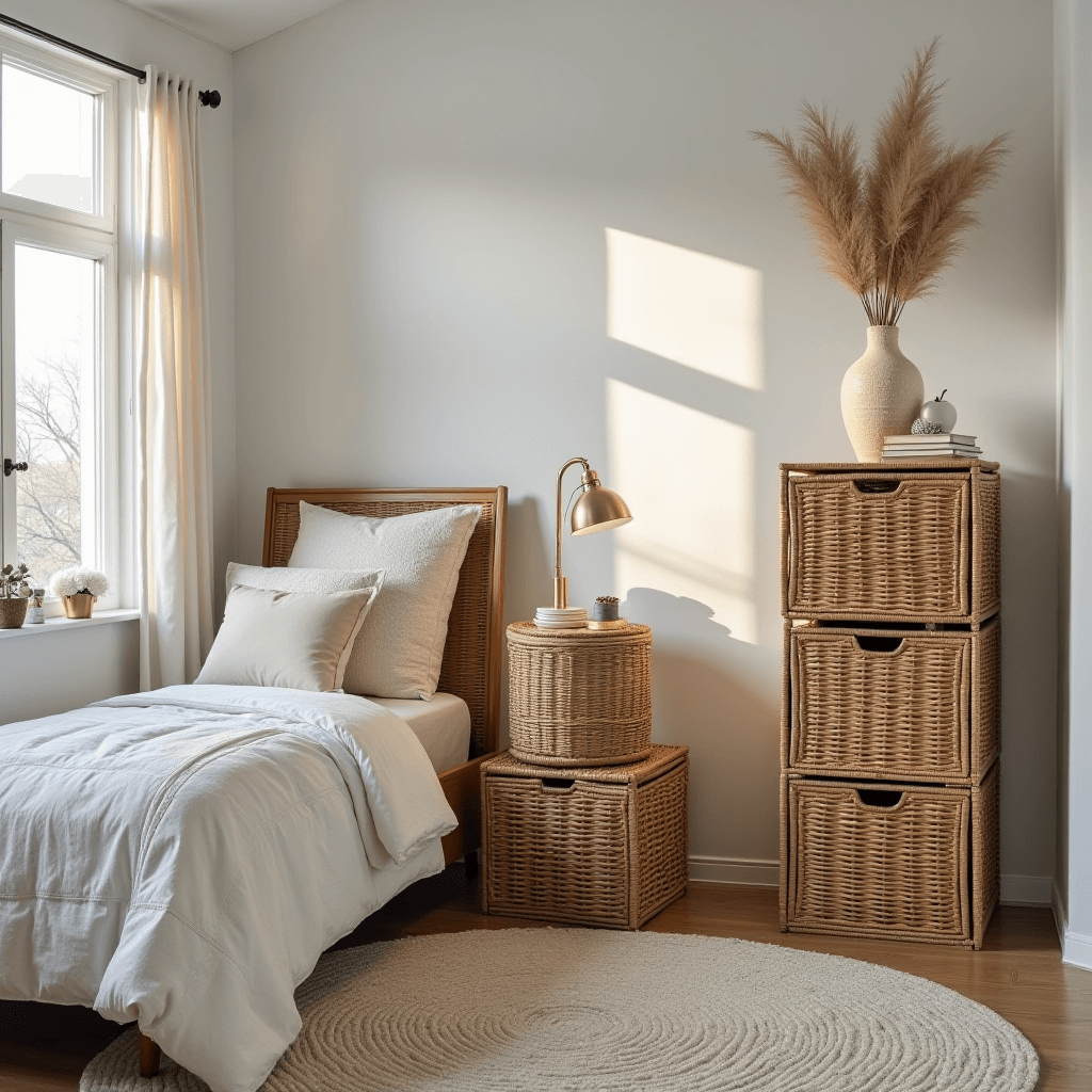 A neatly organized winter bedroom showcasing stylish storage solutions like wicker baskets and decorative boxes that enhance both functionality and aesthetic appeal.