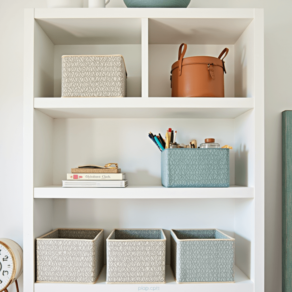 A well-organized bedroom featuring colorful decorative storage bins that match the room's decor, strategically placed on shelves and in open areas for stylish storage.