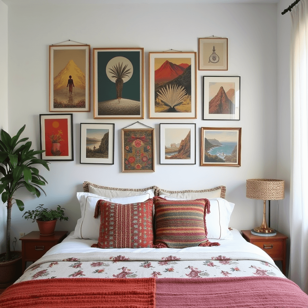 A boho mid-century modern bedroom adorned with vintage accents, including a retro lamp, patterned textiles, and classic mid-century modern furniture, exuding unique charm and character.