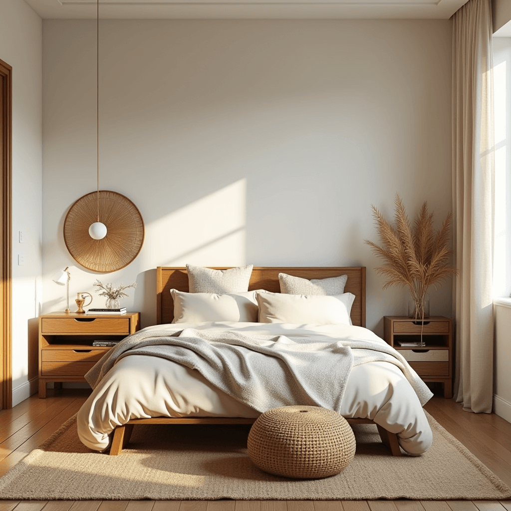 A beautifully designed boho mid-century modern bedroom highlighting natural materials such as wooden furniture, rattan accents, and soft linen bedding that create an inviting environment.