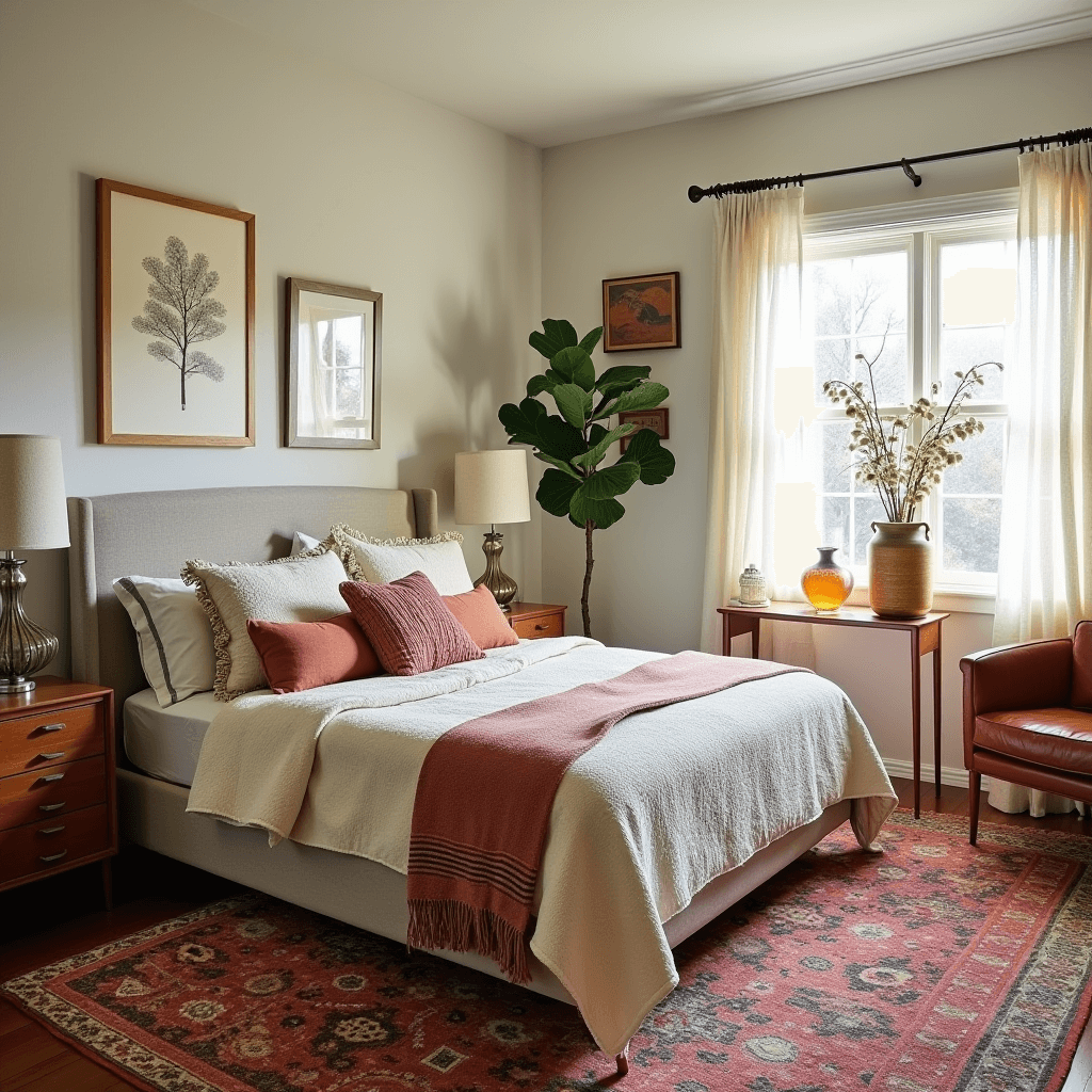 A boho mid-century modern bedroom adorned with vintage accents, including a retro lamp, patterned textiles, and classic mid-century modern furniture, exuding unique charm and character.