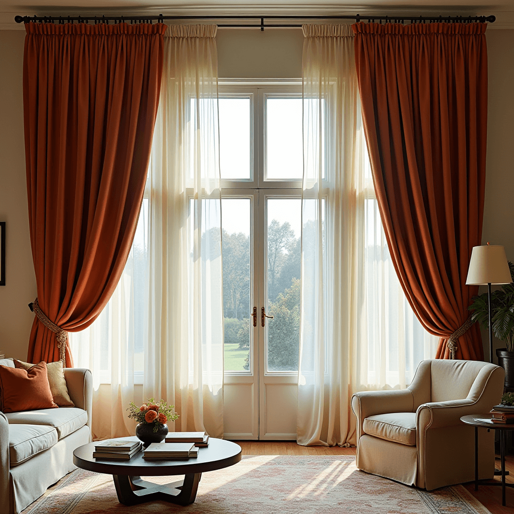 Floor-to-ceiling silk curtains in rich colors framing large windows, enhancing the grandeur of a beautifully styled living room.