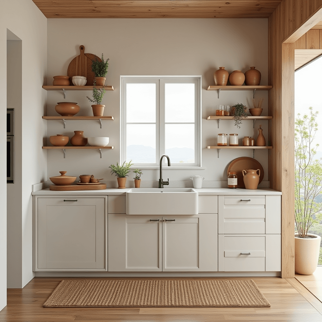 A stylish Japandi kitchen adorned with earthy accessories such as terracotta pots and natural fiber rugs, adding texture and warmth to the space.