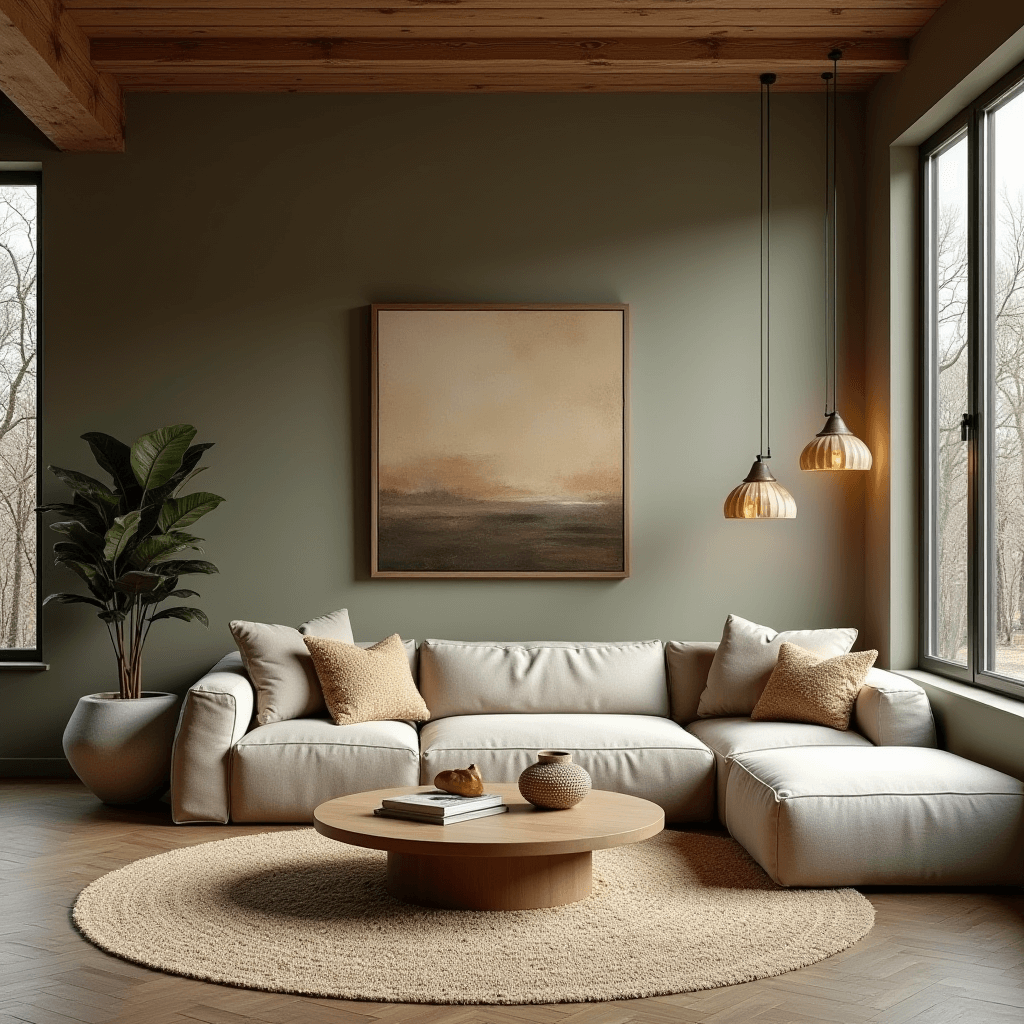 A modern rustic living room featuring an earthy color palette with shades of taupe, olive green, and warm browns, creating a serene and inviting atmosphere.