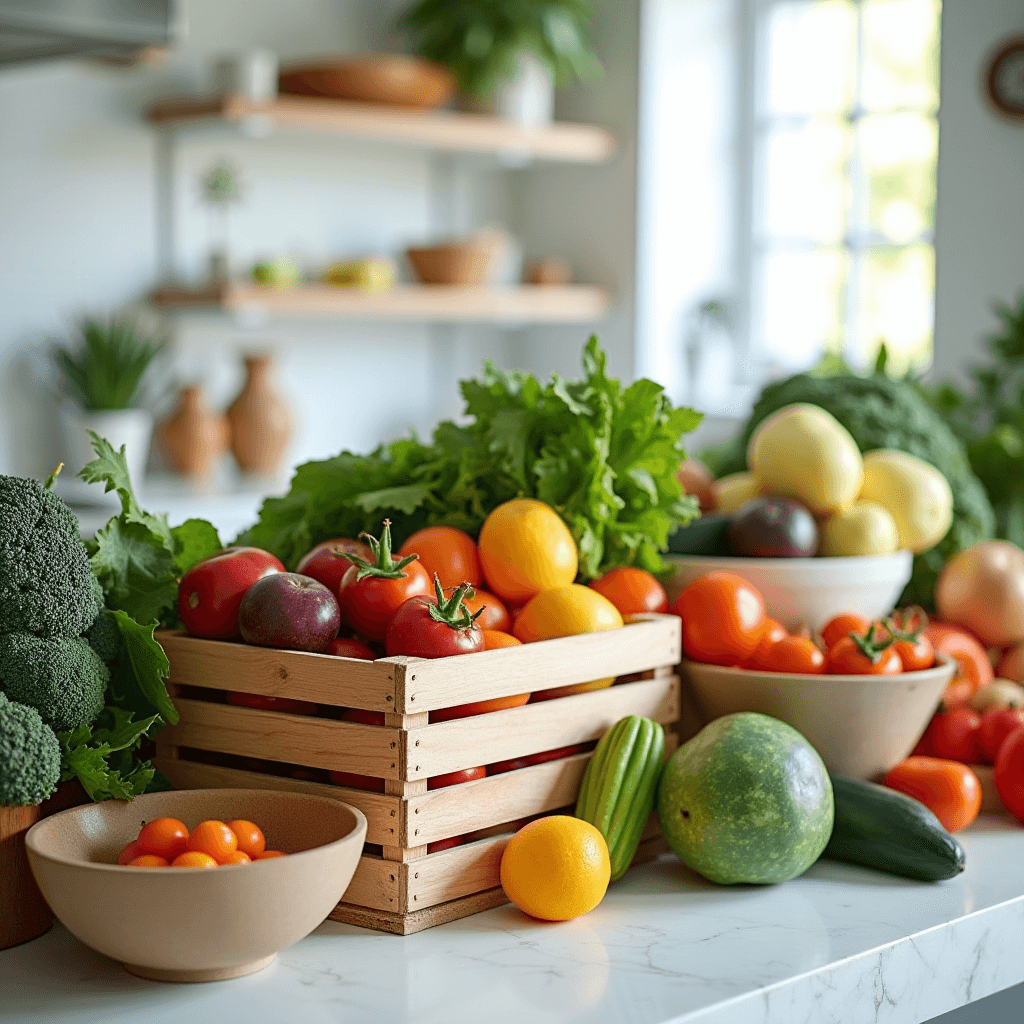 A bright kitchen countertop decorated with a variety of fresh produce, displayed in wooden crates and bowls, emphasizing the abundance of farm-fresh ingredients.