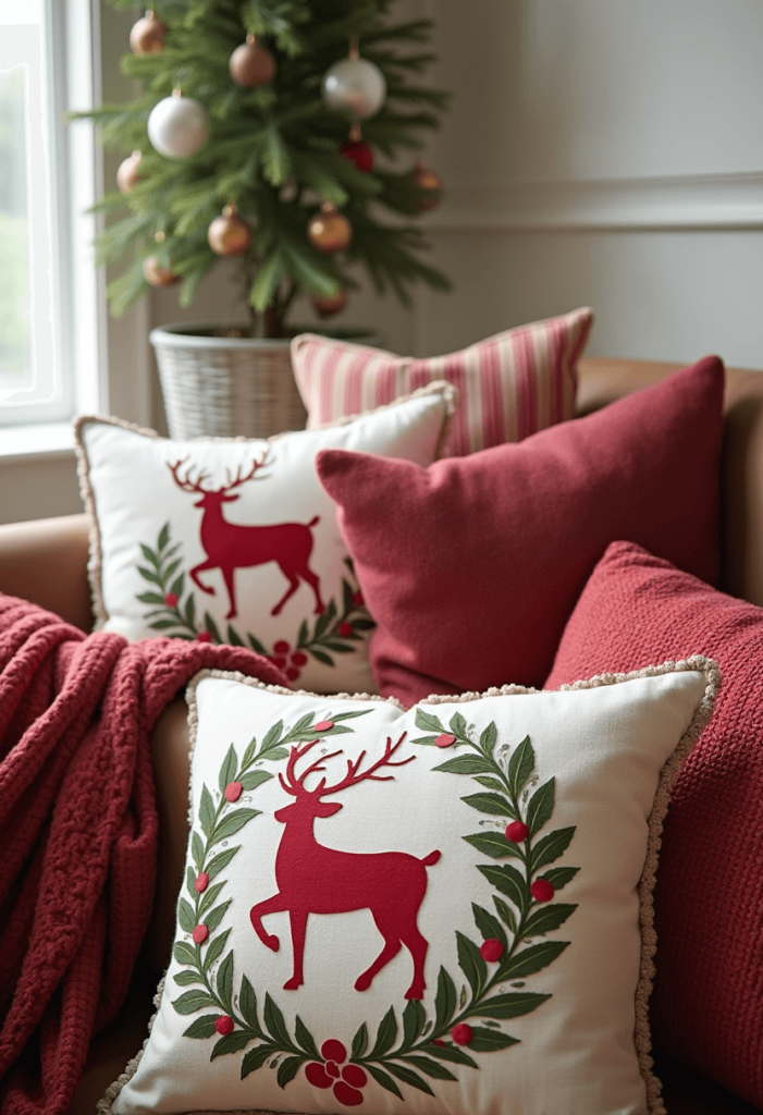 A inviting living space featuring a sofa adorned with vibrant festive cushions and cozy throws in traditional holiday colors, providing warmth and comfort.