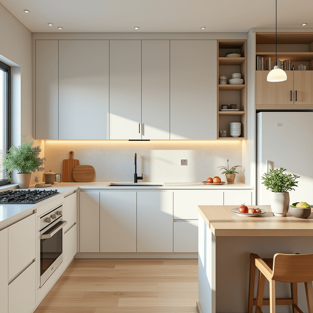 A functional Japandi kitchen layout featuring the classic triangular arrangement of stove, sink, and refrigerator, promoting an efficient cooking experience.