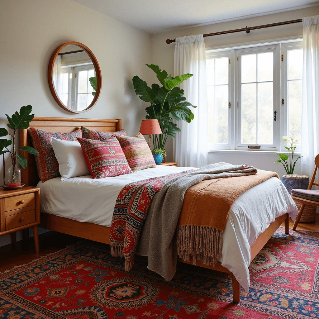 A cozy boho mid-century modern bedroom featuring layered lighting, including ambient pendant lights, stylish bedside lamps, and decorative fairy lights that provide a warm glow.