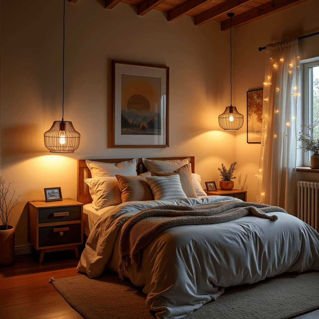 A cozy boho mid-century modern bedroom displaying eclectic textiles, featuring a mix of vibrant throw pillows, patterned blankets, and a colorful area rug that adds warmth and character.