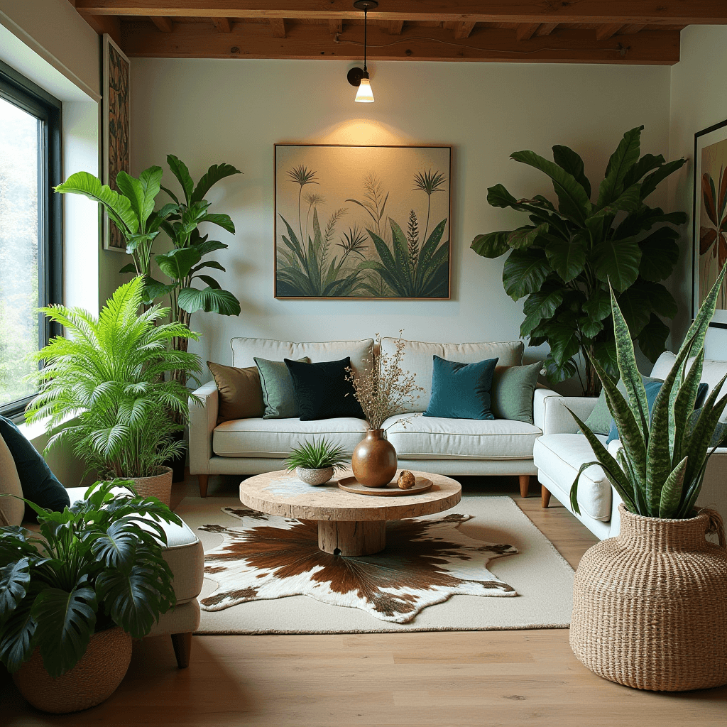 A welcoming living room filled with greenery, showcasing houseplants like ferns and succulents, alongside natural elements such as stone and hide rugs to enhance the organic feel.