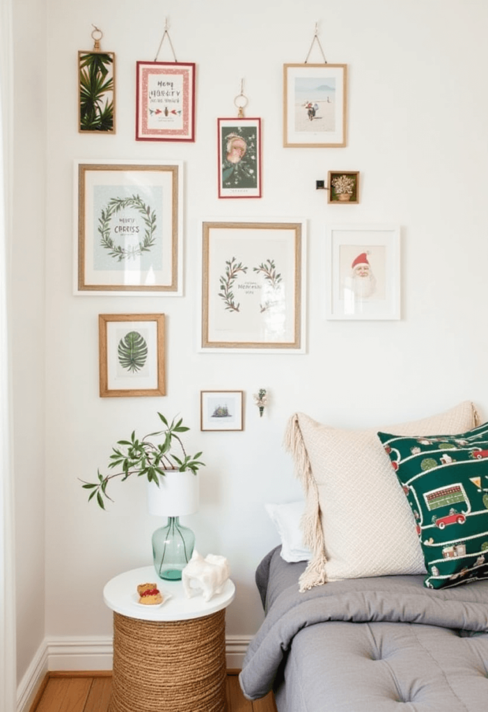 A wall adorned with holiday-themed artwork and festive prints, creating an inspiring display that captures the spirit of the season in a small apartment.