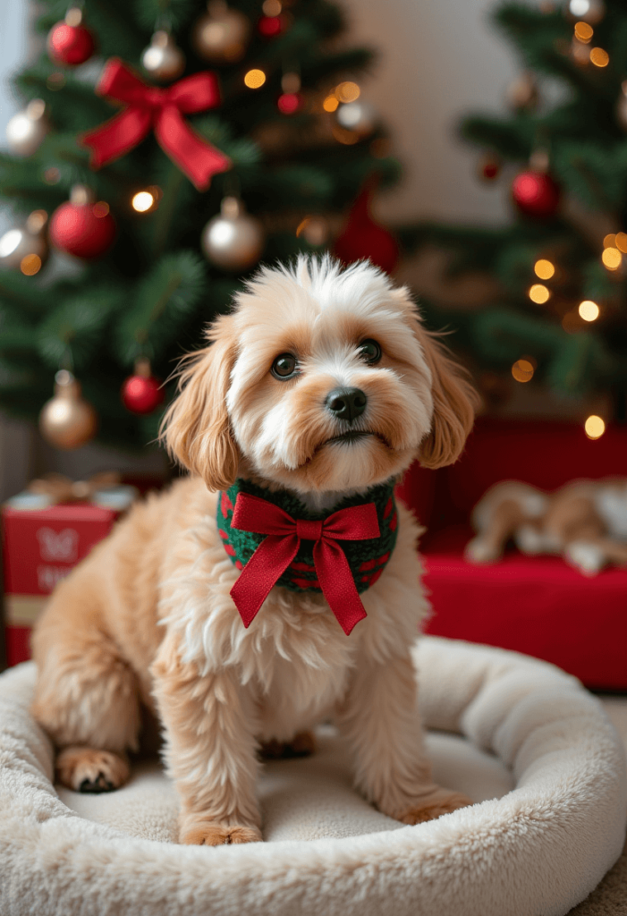 An adorable scene of a pet wearing a festive holiday collar, surrounded by winter decorations and a cozy pet bed, celebrating the inclusion of pets in festive decor.