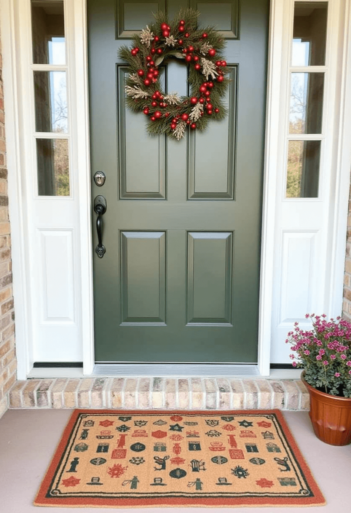 A charming entryway featuring a holiday-themed door mat with festive graphics, welcoming guests with seasonal warmth and cheer.