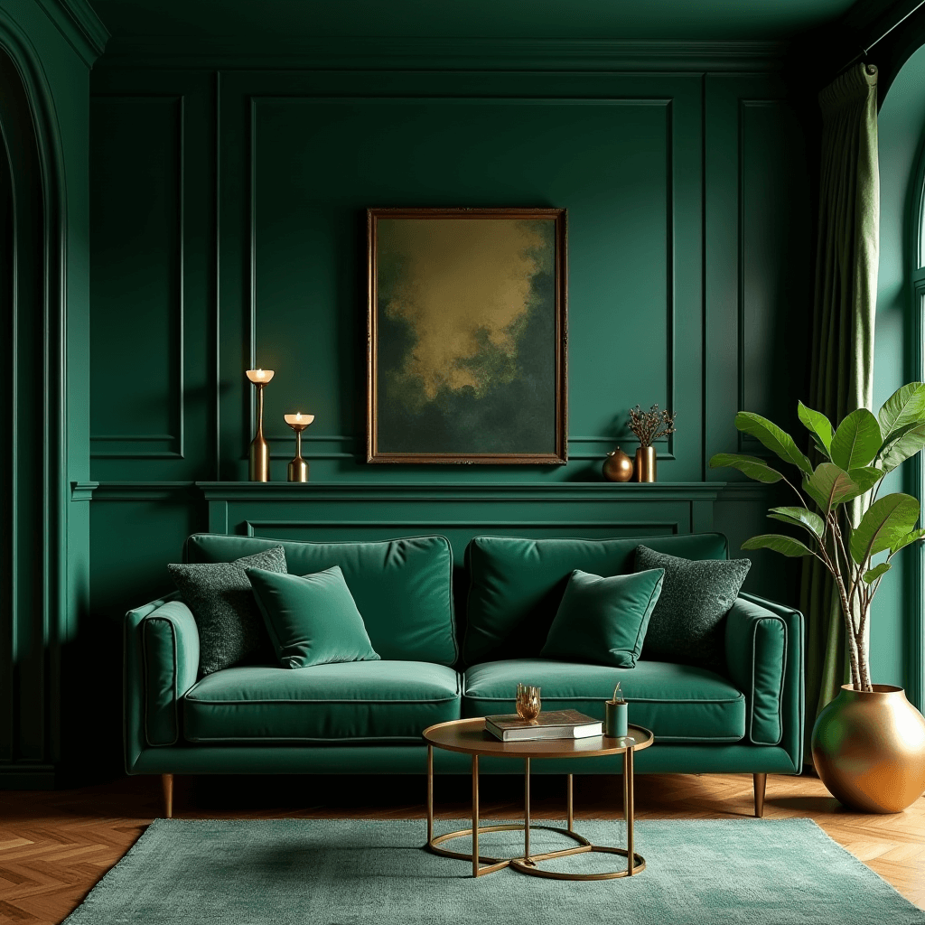 A living room showcasing a rich color palette of deep navy and emerald green paired with metallic accents, all styled harmoniously.