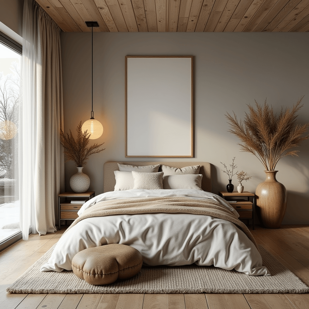 A tranquil winter bedroom that incorporates natural elements like wooden furniture, stone accents, and vibrant houseplants, promoting a warm and soothing environment.