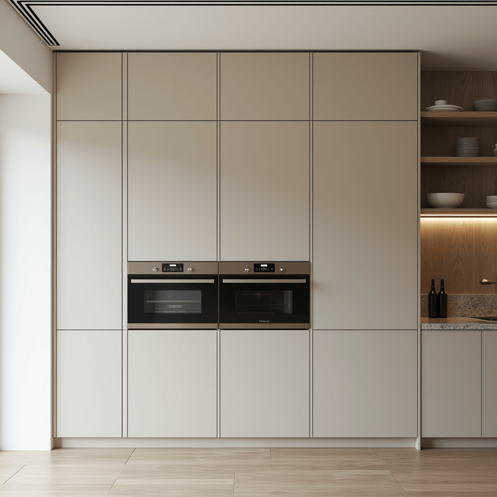 A Japandi kitchen with integrated appliances seamlessly hidden within cabinetry, presenting a streamlined and clutter-free aesthetic.