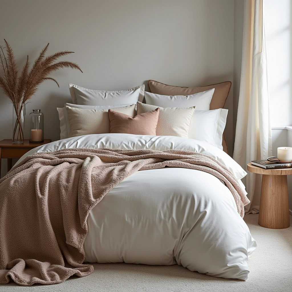 A cozy winter bedroom showcasing layered textiles, including soft blankets, plush throws, and textured pillows, creating an inviting and warm atmosphere.