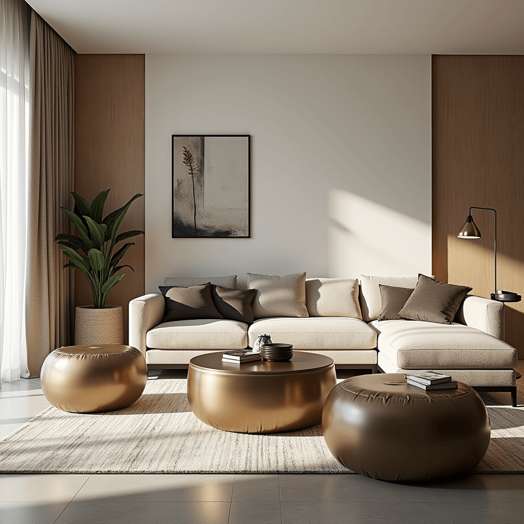 A modern living room featuring metallic-finished furniture pieces and accessories that reflect light, giving the space a polished and luxurious look.