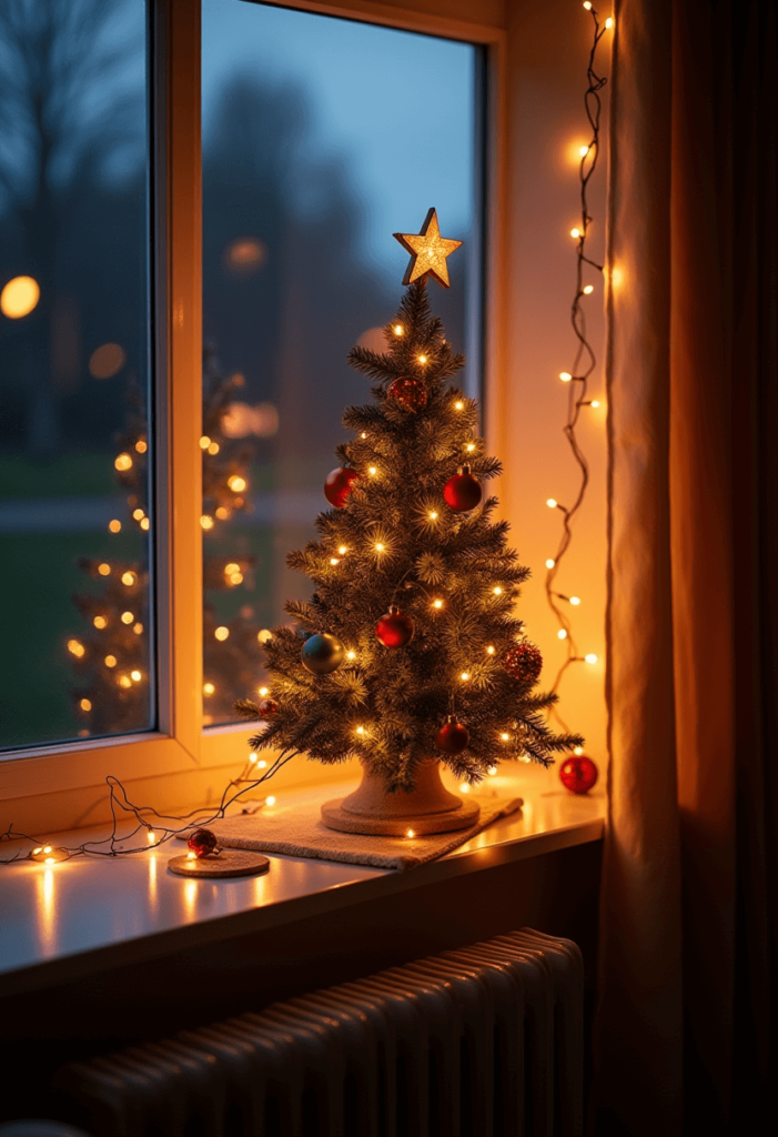 A cozy windowsill decorated with a beautifully adorned miniature Christmas tree featuring twinkling lights and colorful ornaments, creating a festive atmosphere.