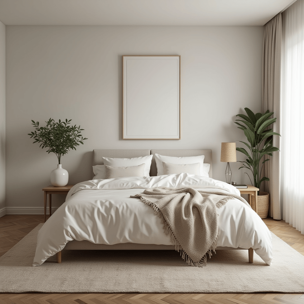 A serene minimalist bedroom featuring simple furniture and decor, showcasing essential storage solutions that create a clutter-free and inviting environment.