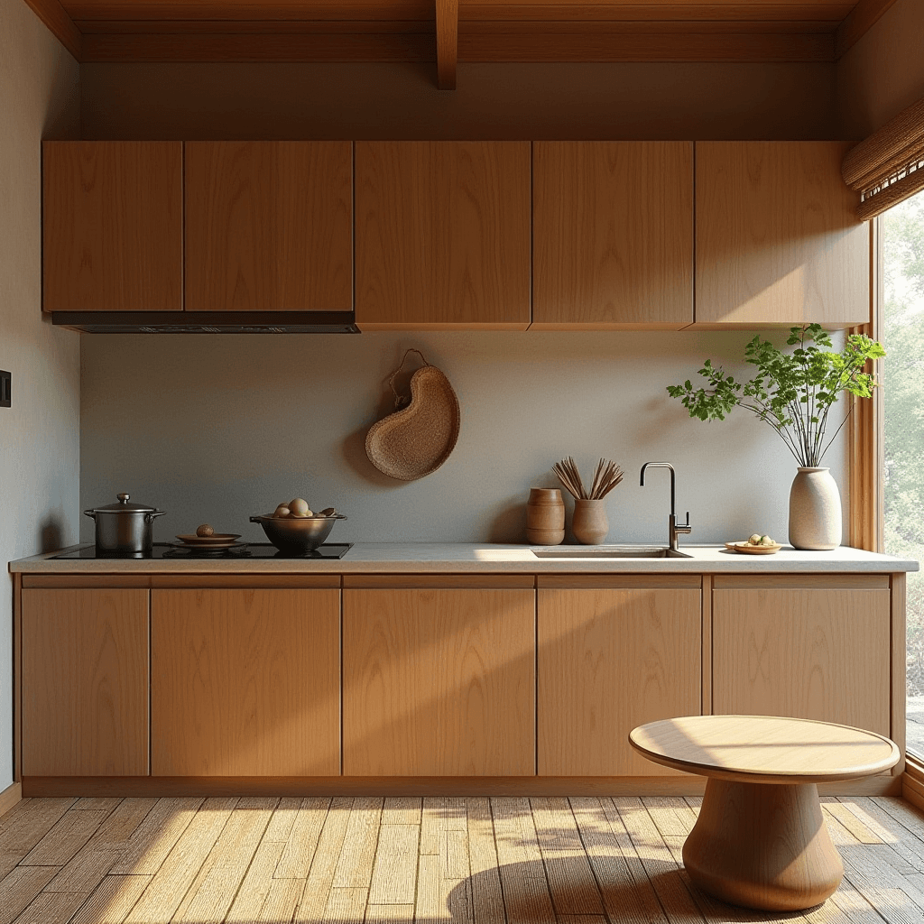 A Japandi kitchen featuring minimalist furniture, including a sleek wooden dining table and simple chairs, highlighting elegance and functional design.