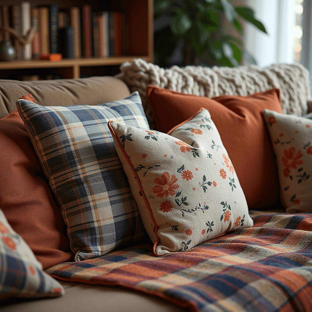 A cozy living room with a mix of patterns and textures, featuring layered textiles with plaid and floral designs, combined with leather and woven elements for visual interest.