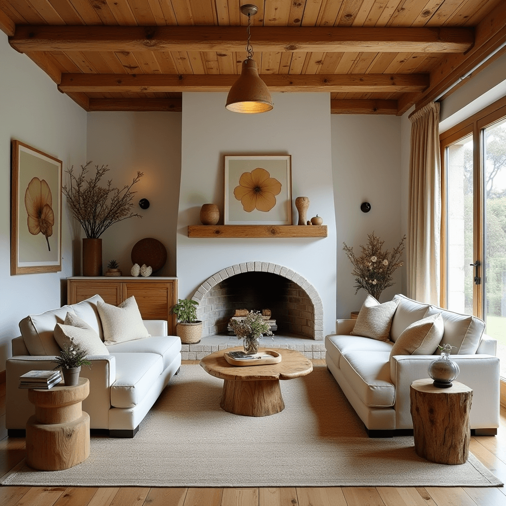 A cozy living room showcasing natural wood accents, including exposed wooden beams, reclaimed wood furniture, and wooden decor elements that enhance the rustic charm.