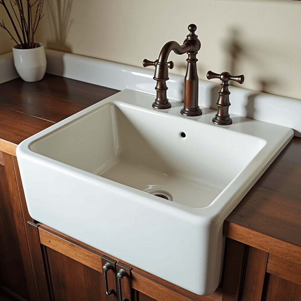 A farmhouse sink with a deep basin and vintage-style faucet, set against a rustic wooden countertop, highlighting its practicality and rustic charm.